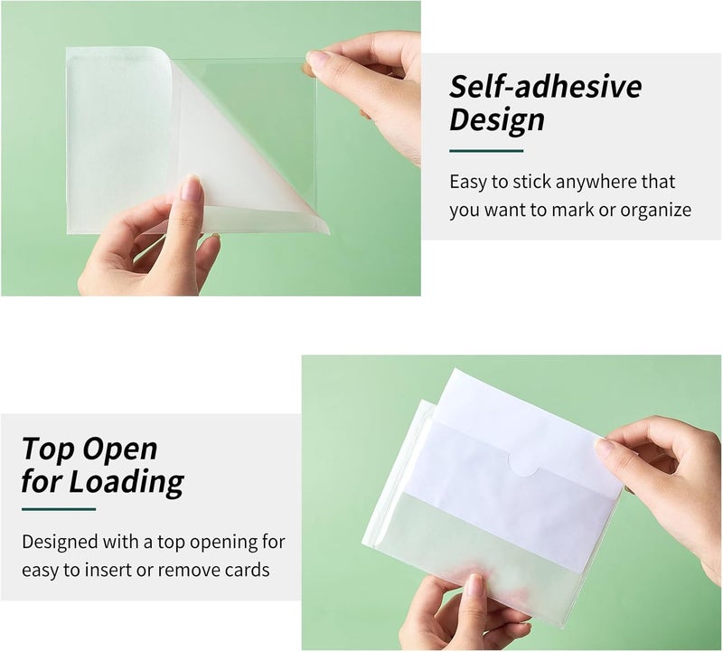 Ohuimrt 52 Pack Clear Adhesive 3" x 5" Index Card Pockets with Top Open, Plastic Card Sleeves Index Card Holder for Organizing Storage Bins, Library Cards, Notes, Drawer - Image 4
